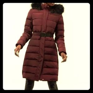 Express Long Belted Puffer Jacket Maroon
